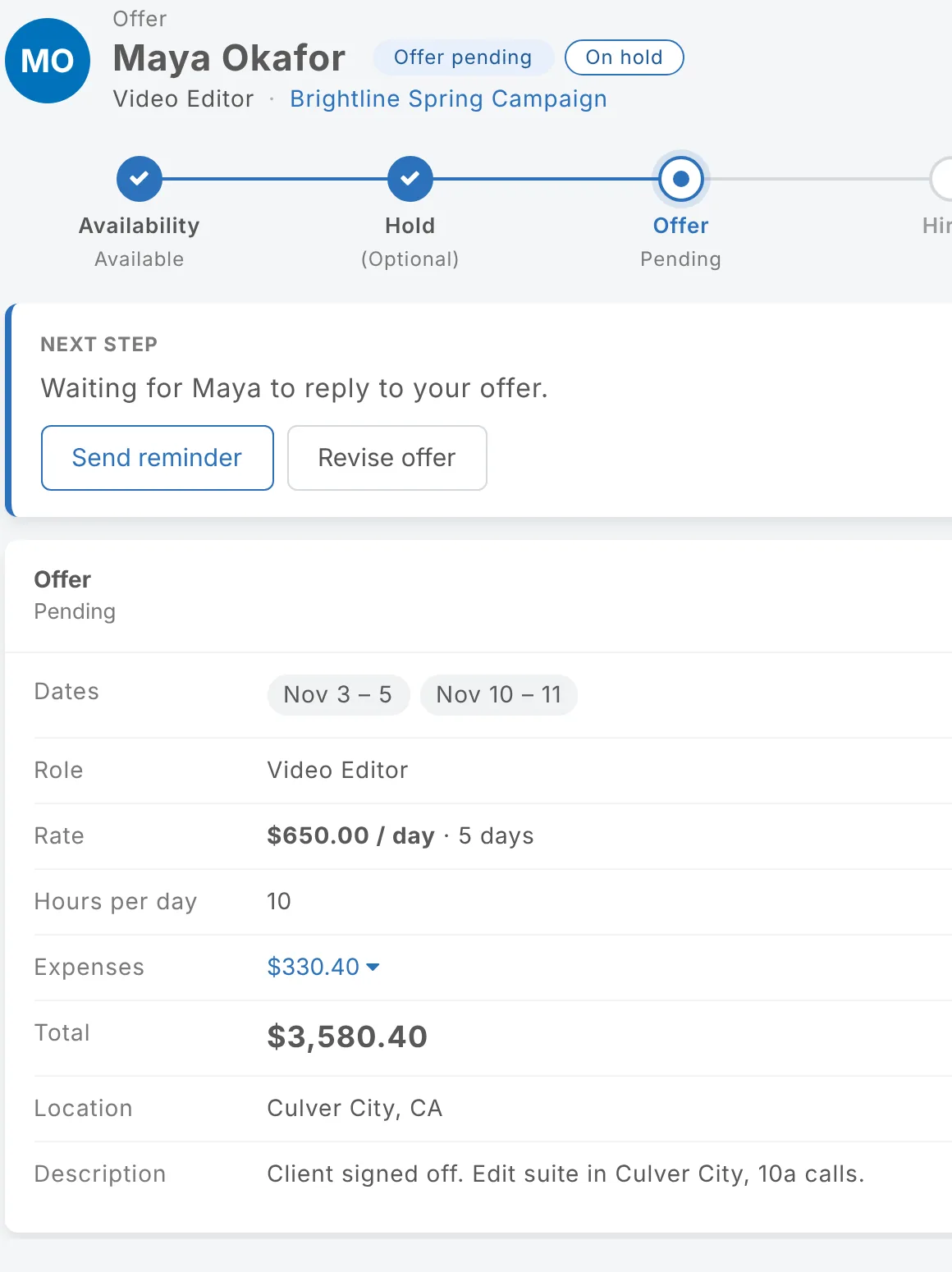 A person's page with an offer